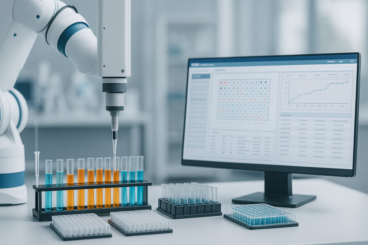 Automated life science lab featuring a robotic arm and liquid handler operating with racks of sample tubes, highlighting high-throughput DNA workflow automation.