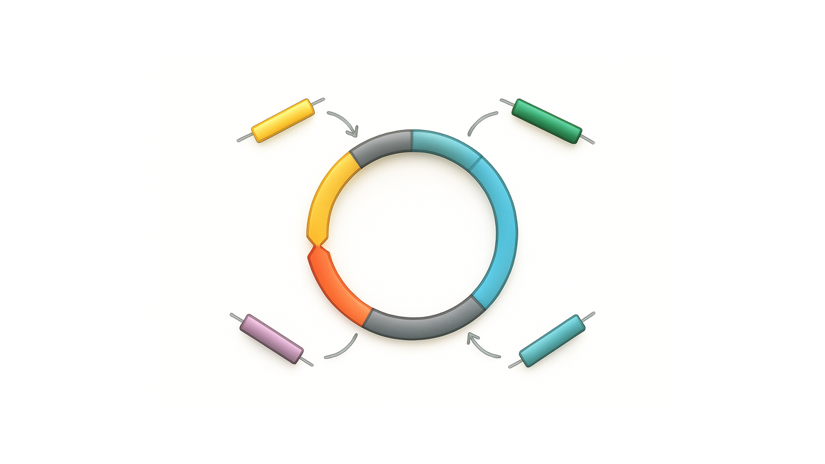Cartoon plasmid map showing modular assembly of genetic parts