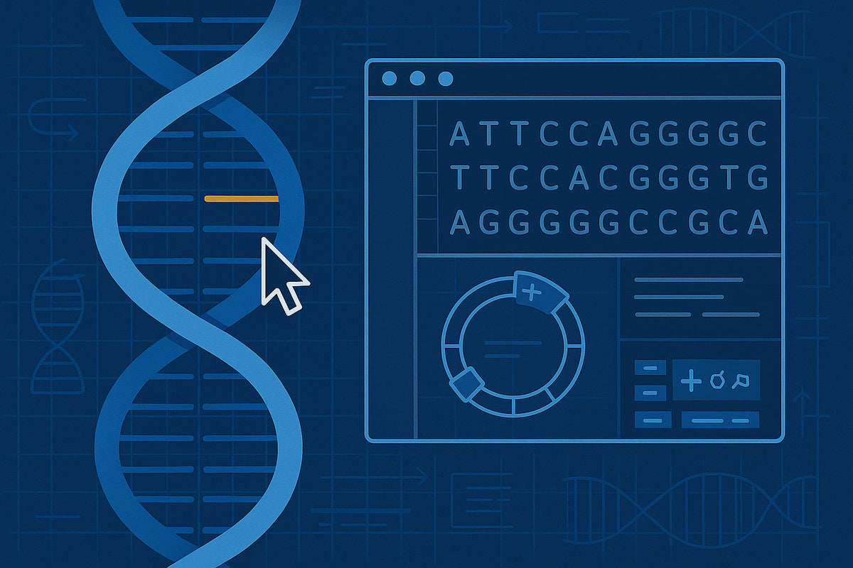 Illustration of a DNA design interface showing a highlighted base pair and editing tools over a blueprint-style background.