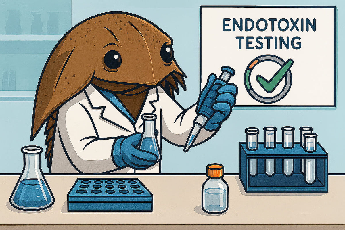 Cartoon image of a horseshoe crab scientists performing endotoxin testing in a lab setting.