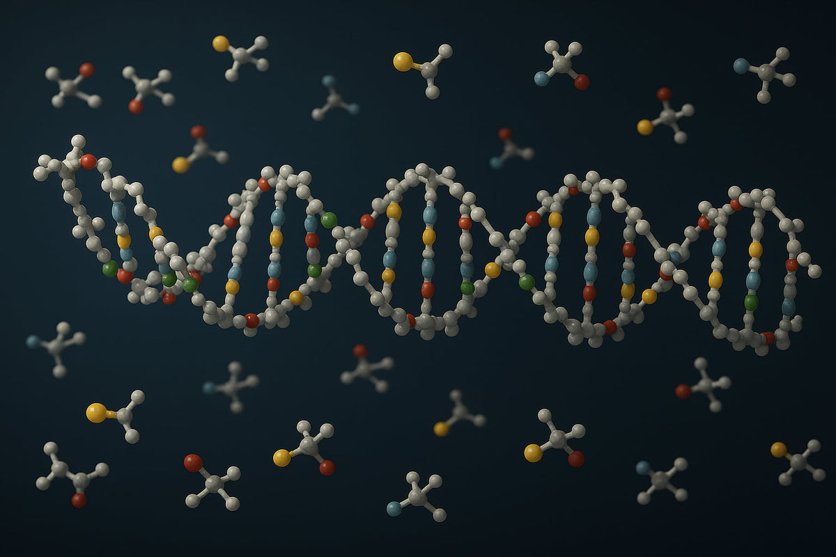 DNA helix surrounded by molecular representations of nucleotides