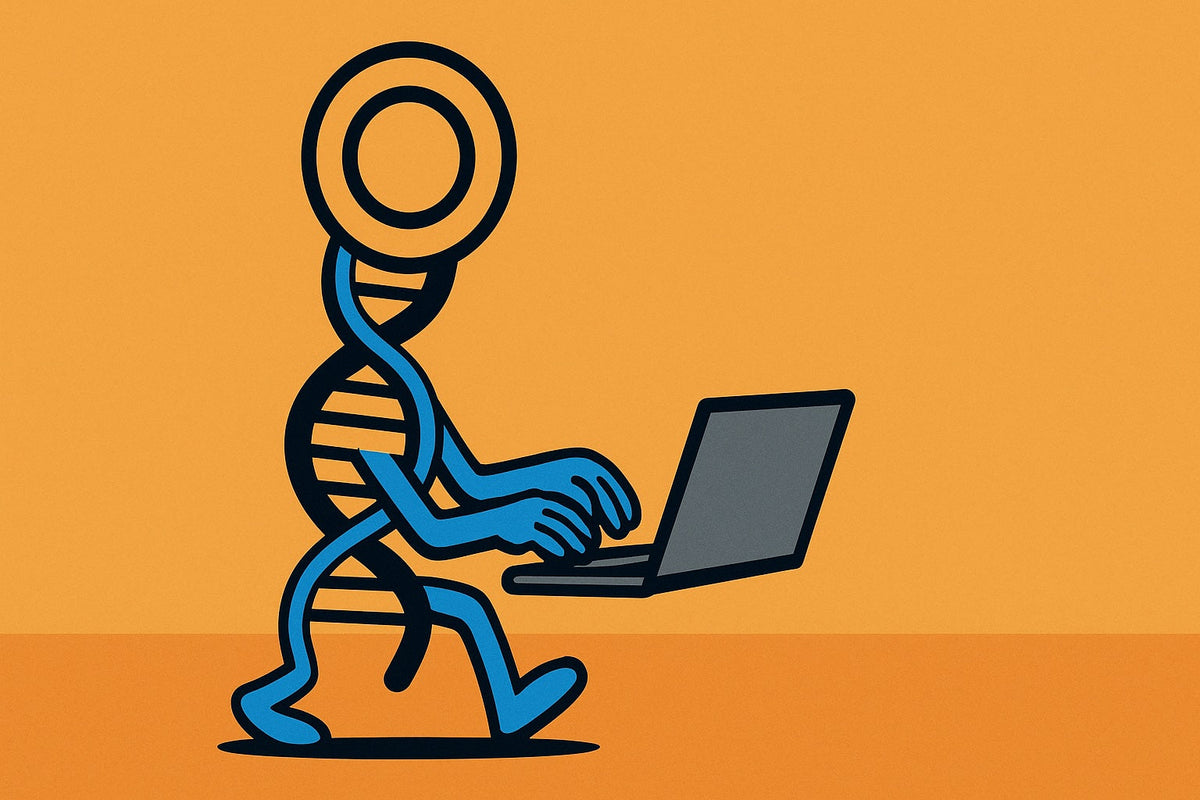 A cartoon person with a DNA helix body typing on a laptop