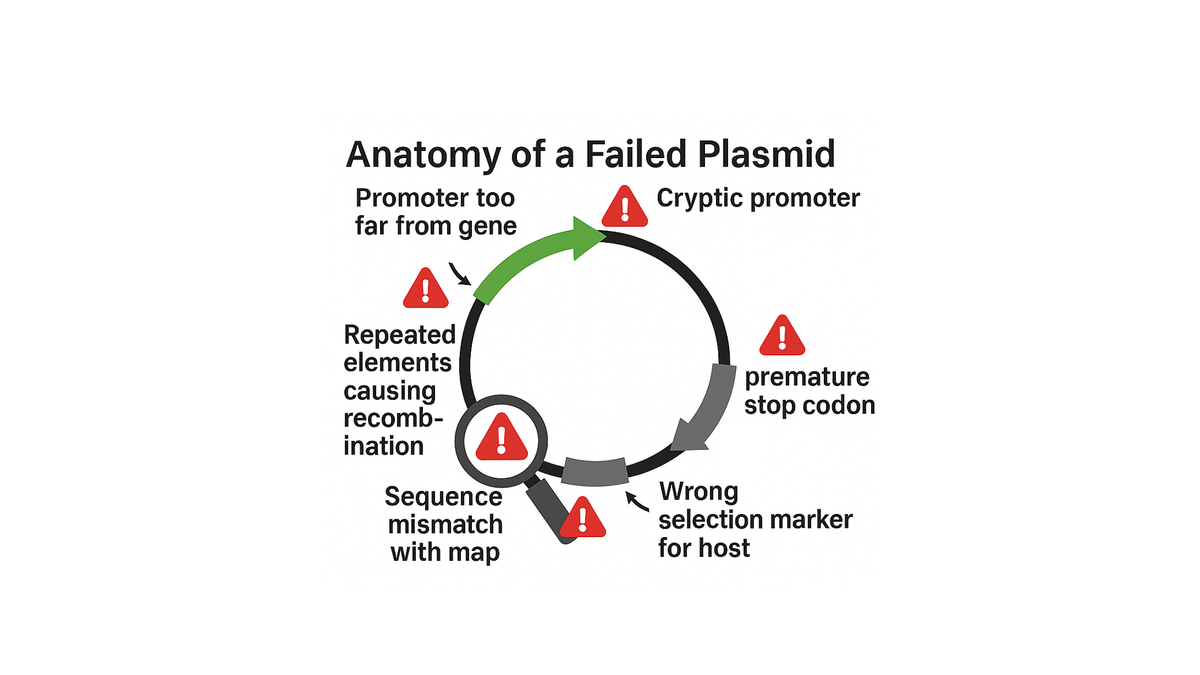Image of a plasmid map highlighting various design errors