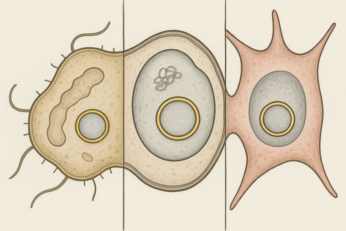 Three panel image of different cell types each containing a plasmid.