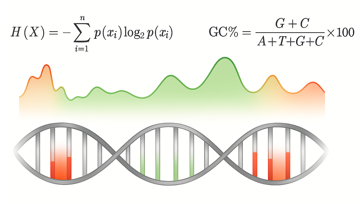 DNA helix with heat map of sequence complexity with equations above