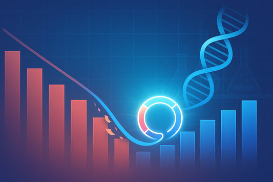 Illustration of a declining bar graph with a glowing DNA plasmid symbolizing efficient research despite funding cuts.